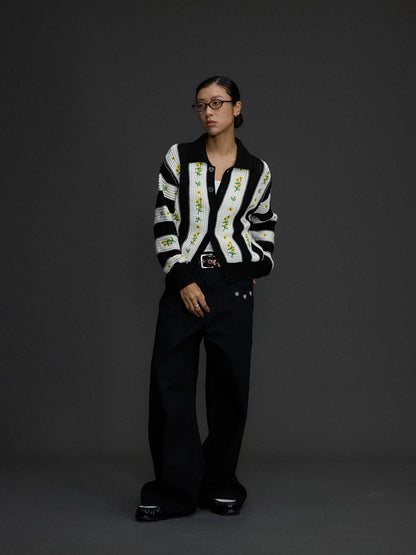 Contrast Floral Embroidered Cardigan