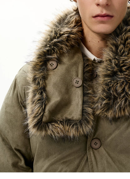 Olive padded jacket with detachable shaggy collar, collar close-up