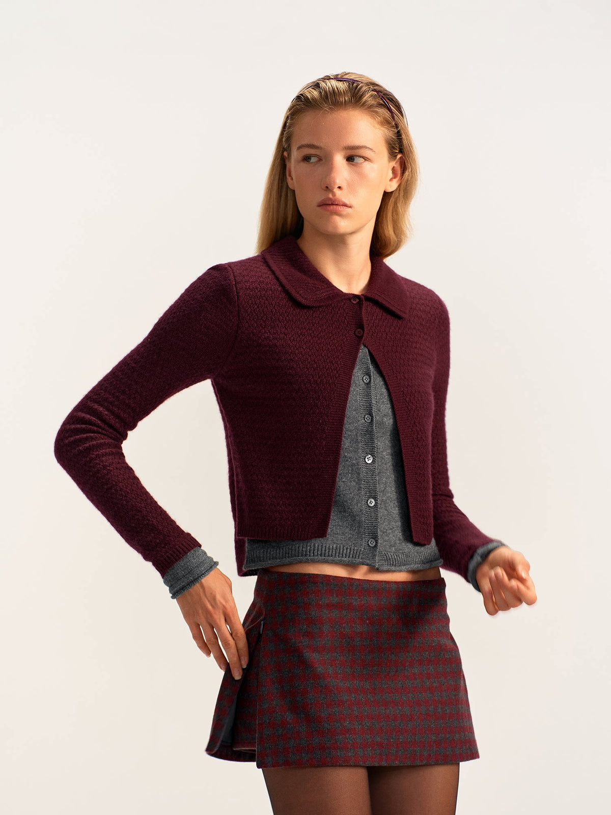 Contrast Collar Layered Wool Cardigan
