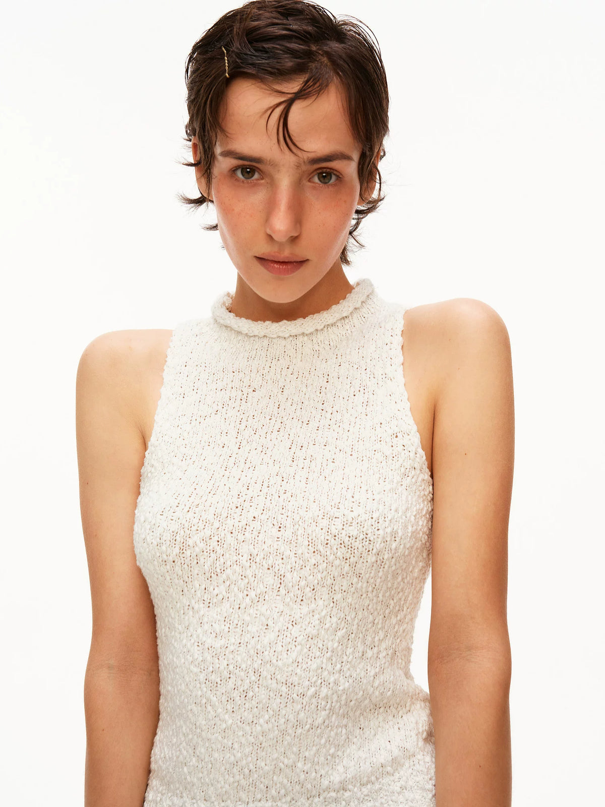 High Neck Textured Cotton Knit Tank Top - 360 view 4