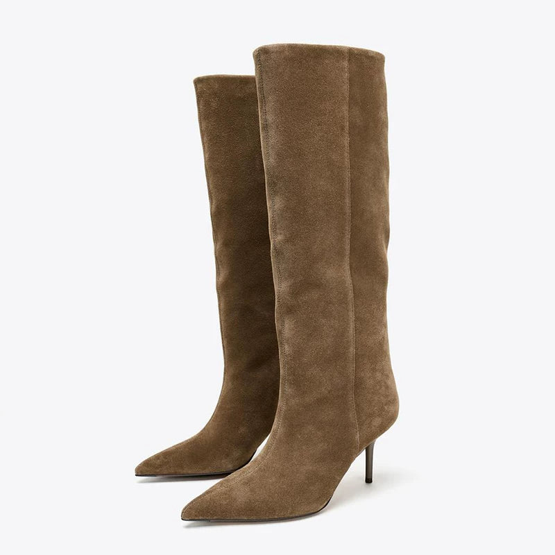 Women's Pointed Toe Stiletto Wide-Shaft Knee-High Boots