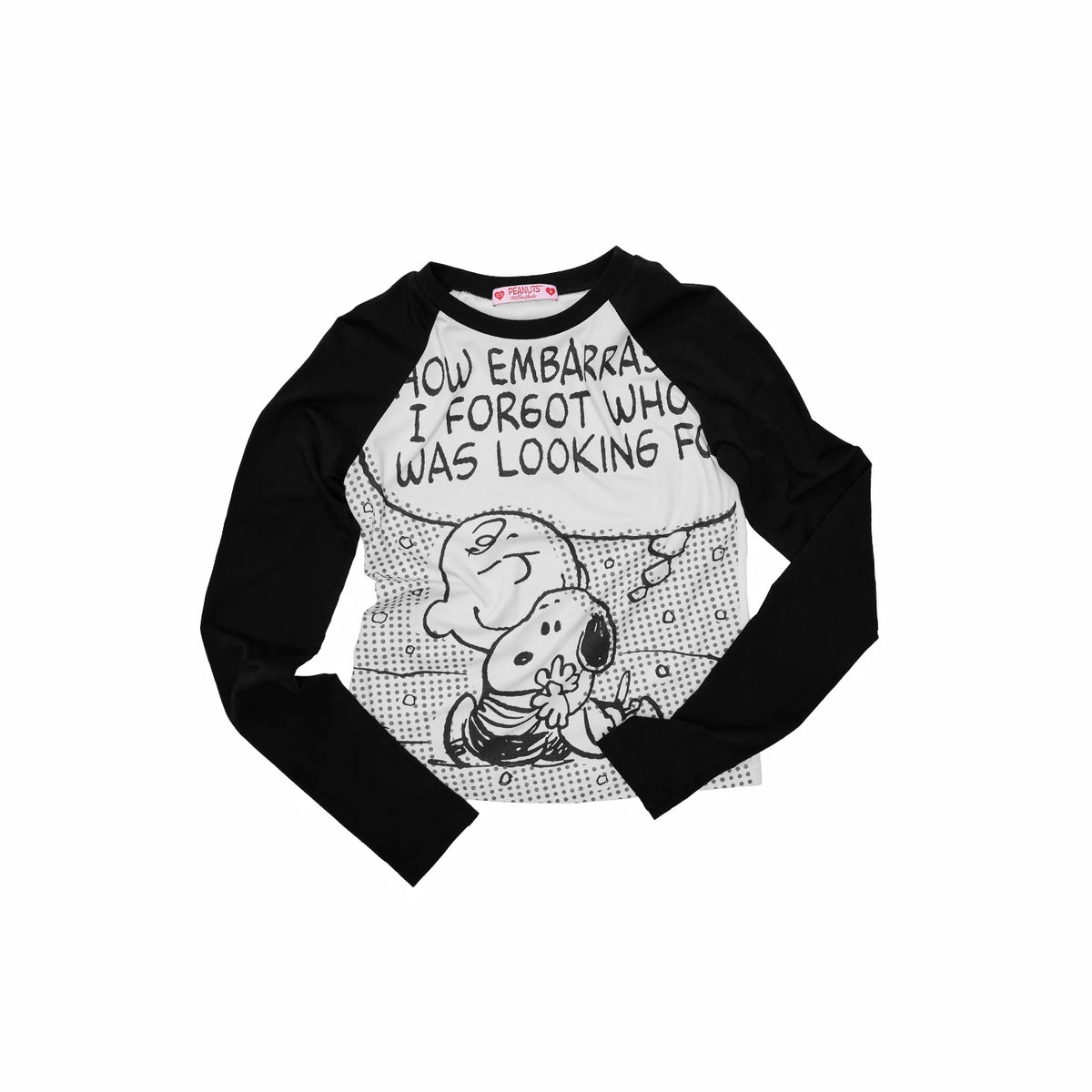 Black raglan T-shirt with character print, flat lay