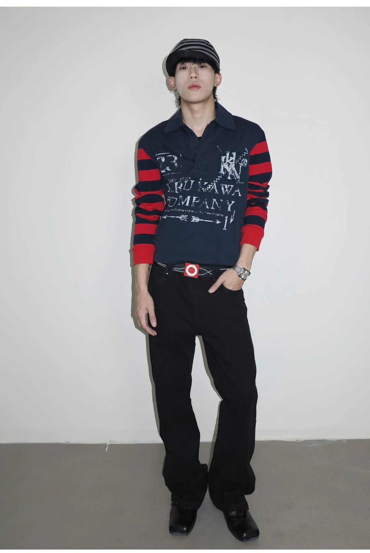 Black jeans, full-length front view on model