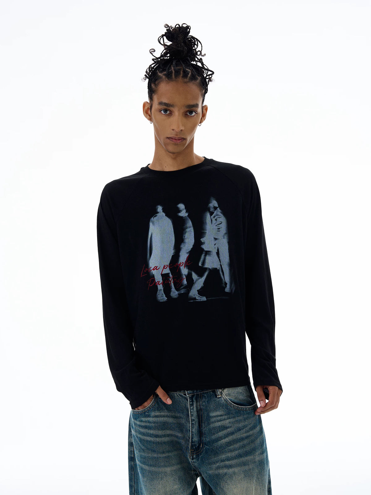 Black graphic long sleeve T-shirt, front view