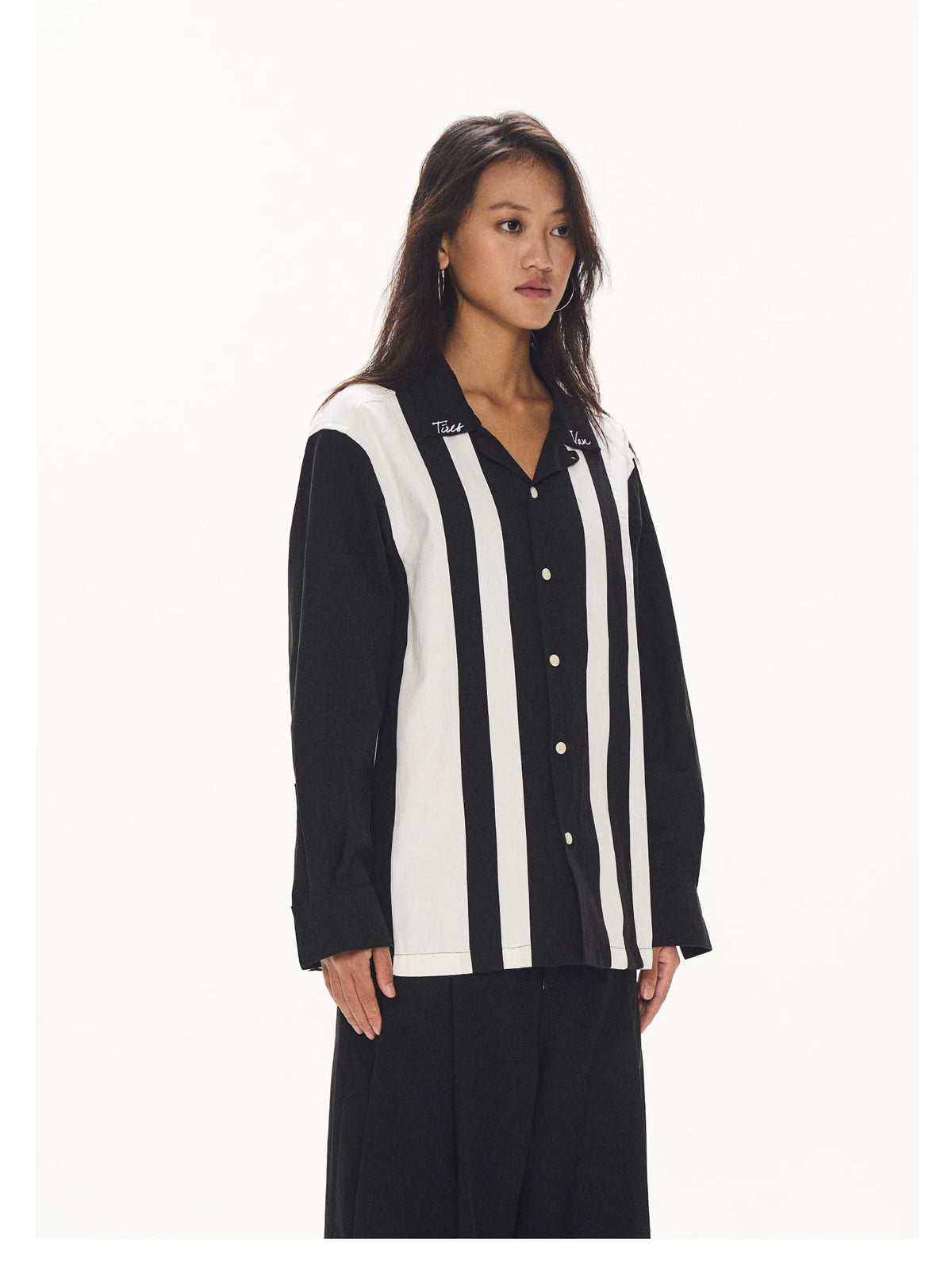 Contrast Stripe Button Up Shirt black and white product view