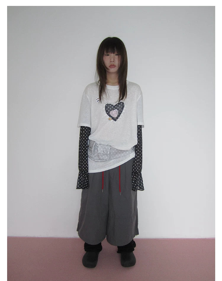 Heart Applique Polka Dot Long Sleeve Tee