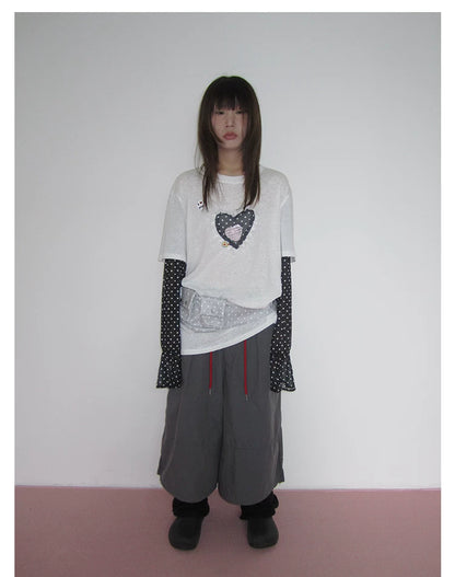 Heart Applique Polka Dot Long Sleeve Tee