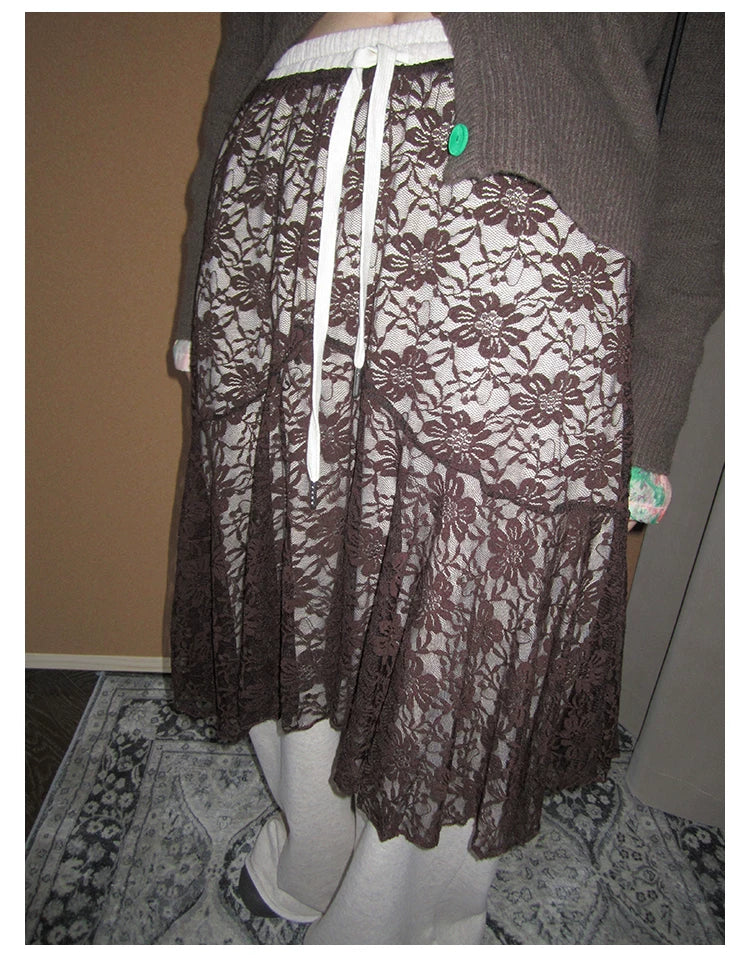 Lace Overlay A-Line Midi Skirt