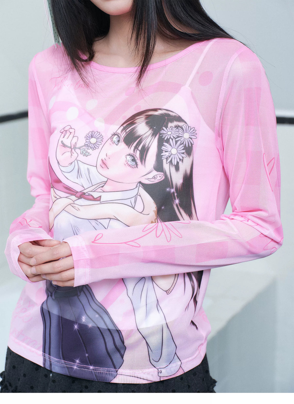 Printed Mesh Sleeve Long Sleeve Top
