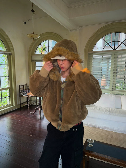 Brown faux-fur jacket, model view