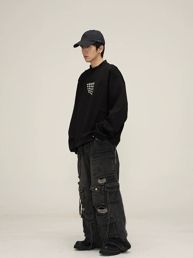 Grid Motif Relaxed Crewneck Sweatshirt in black