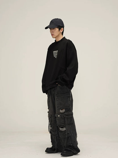 Grid Motif Relaxed Crewneck Sweatshirt in black