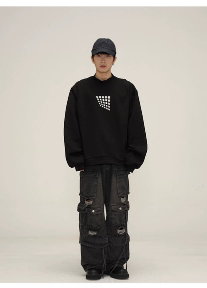 Grid Motif Relaxed Crewneck Sweatshirt in black