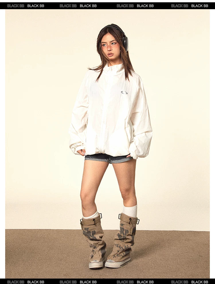 Crinkled Stand Collar Zip Jacket