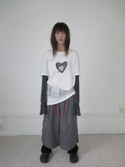 Heart Applique Polka Dot Long Sleeve Tee