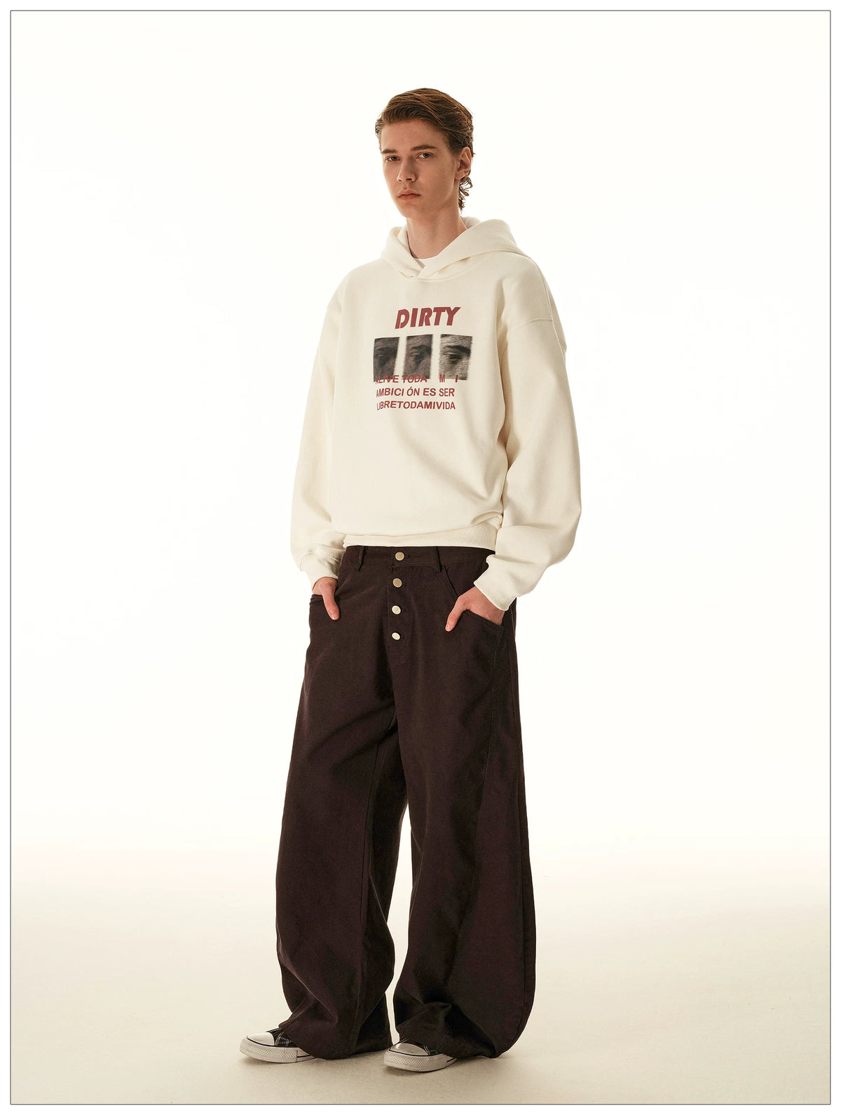 Cream graphic hoodie, full-length alternate view