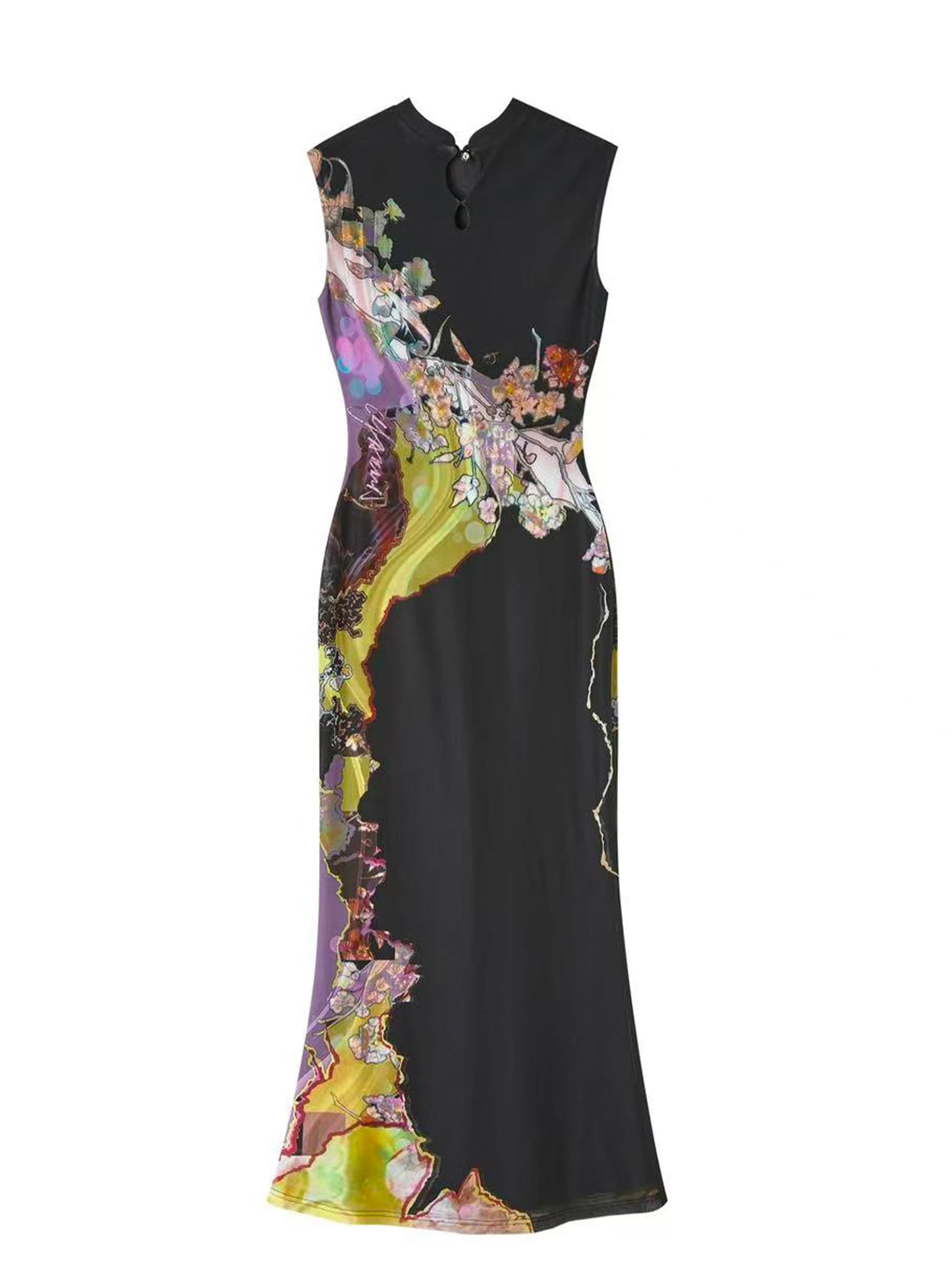 Contrast Print Reversible Qipao Dress