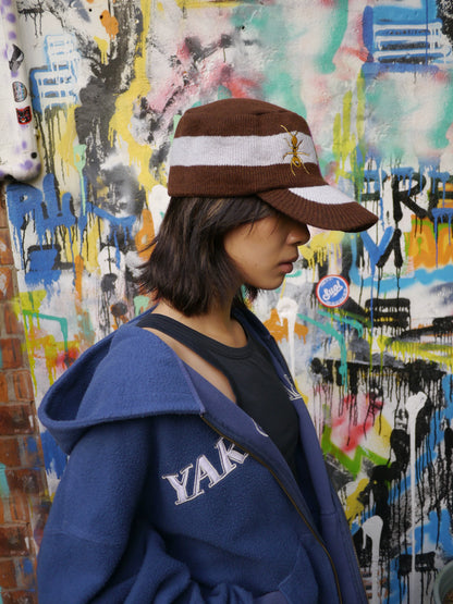 Embroidered Curved-Brim Knit Cap in Navy and Brown color
