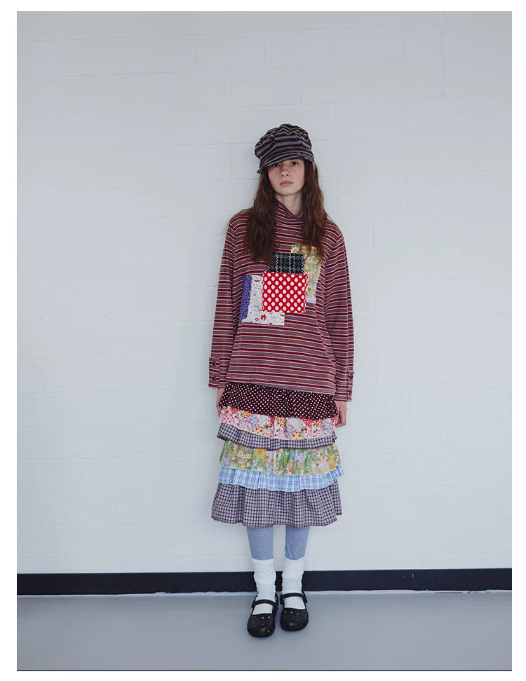 Brown Patchwork Stripe Long-Sleeve Top