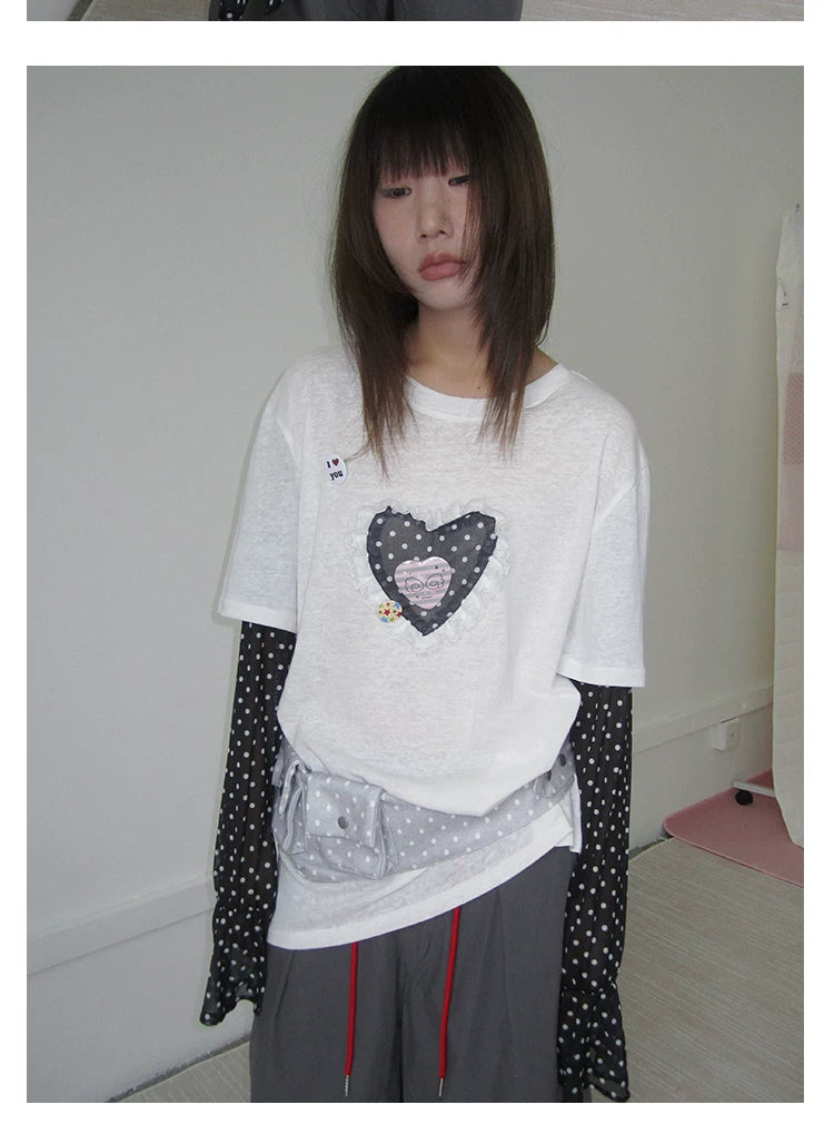 Heart Applique Polka Dot Long Sleeve Tee