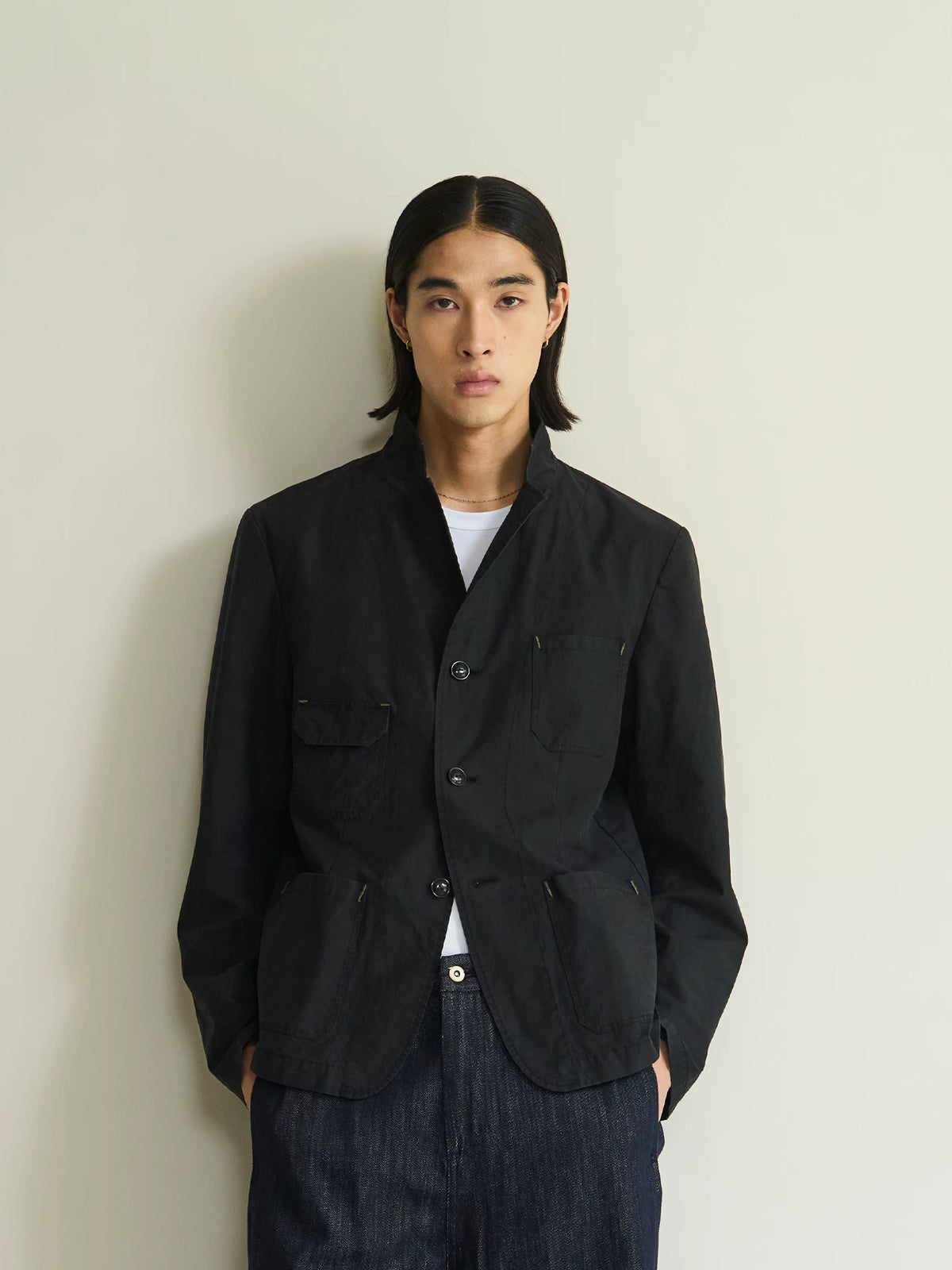 Black cotton utility blazer, front detail on model