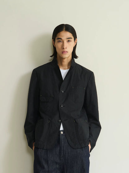 Black cotton utility blazer, front detail on model