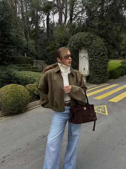 Relaxed Faux Suede Bomber Jacket
