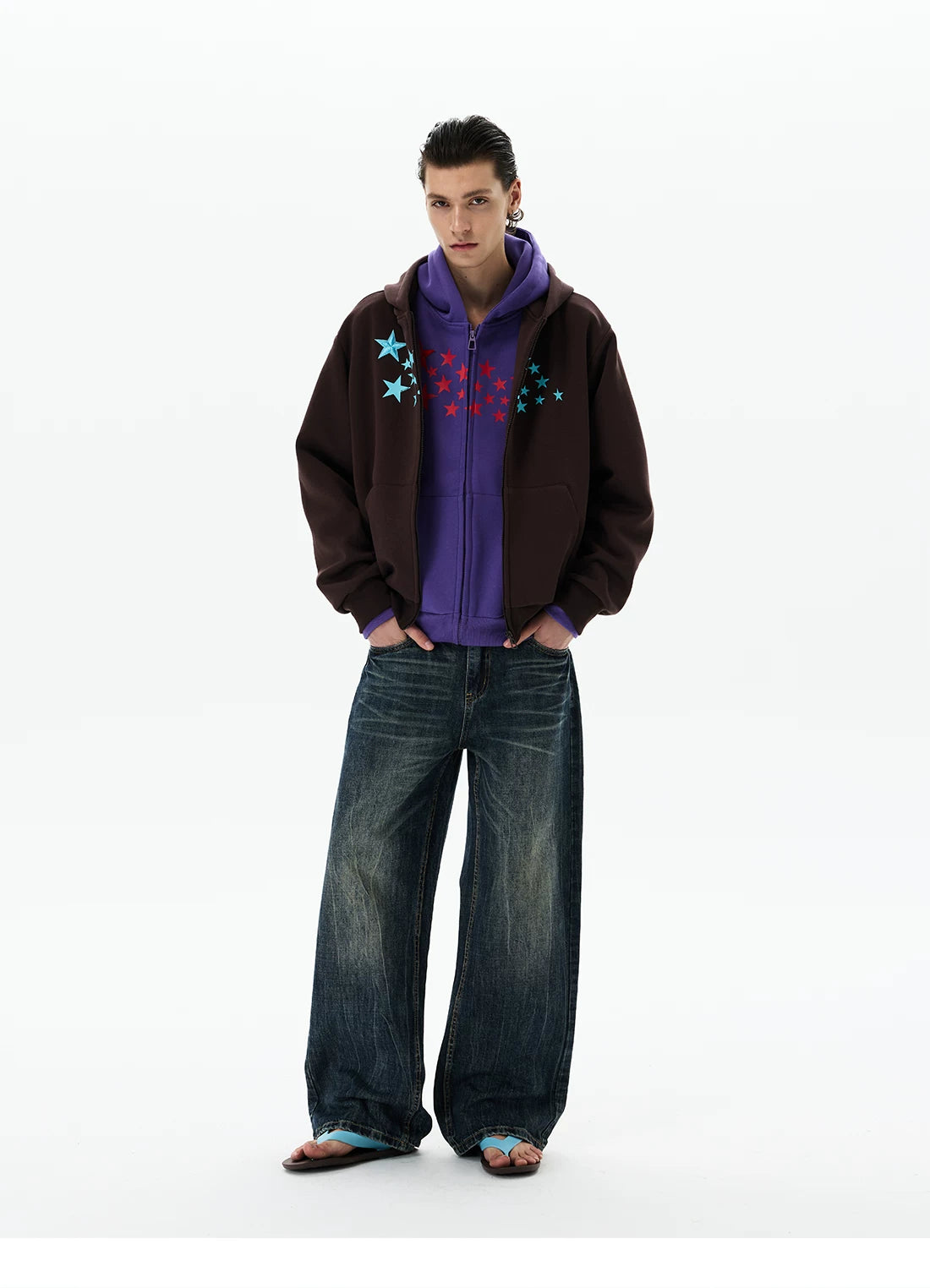Purple hoodie under brown jacket, full-length view