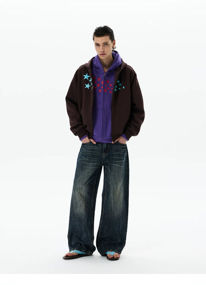 Purple hoodie under brown jacket, full-length view