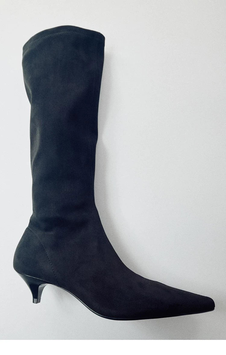 Women's Pointed Toe Kitten Heel Knee-High Boots