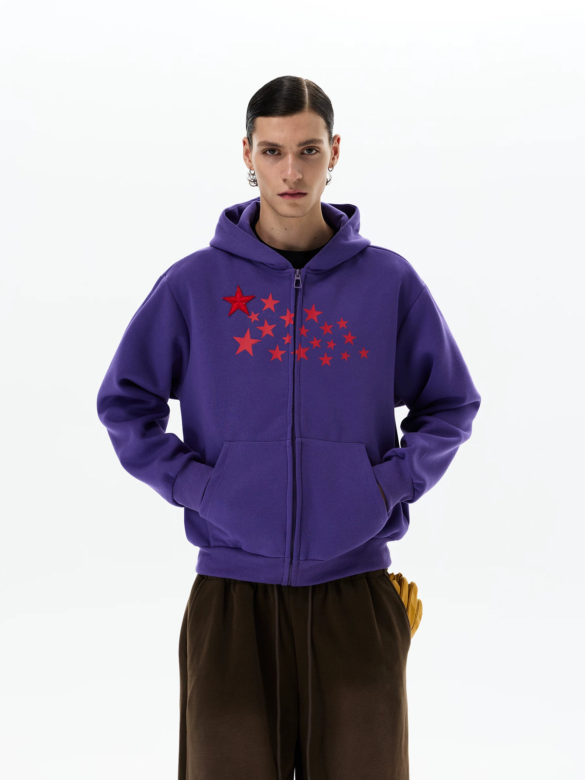 Purple hoodie, straight-on front view with red star print