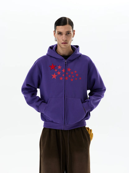 Purple hoodie, straight-on front view with red star print