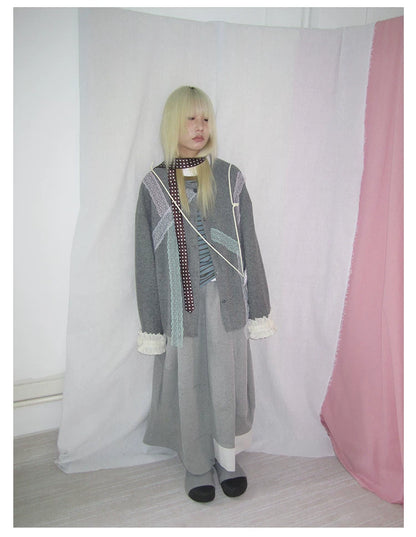 Grey Lace-Trim Ruffle Cuff Cardigan