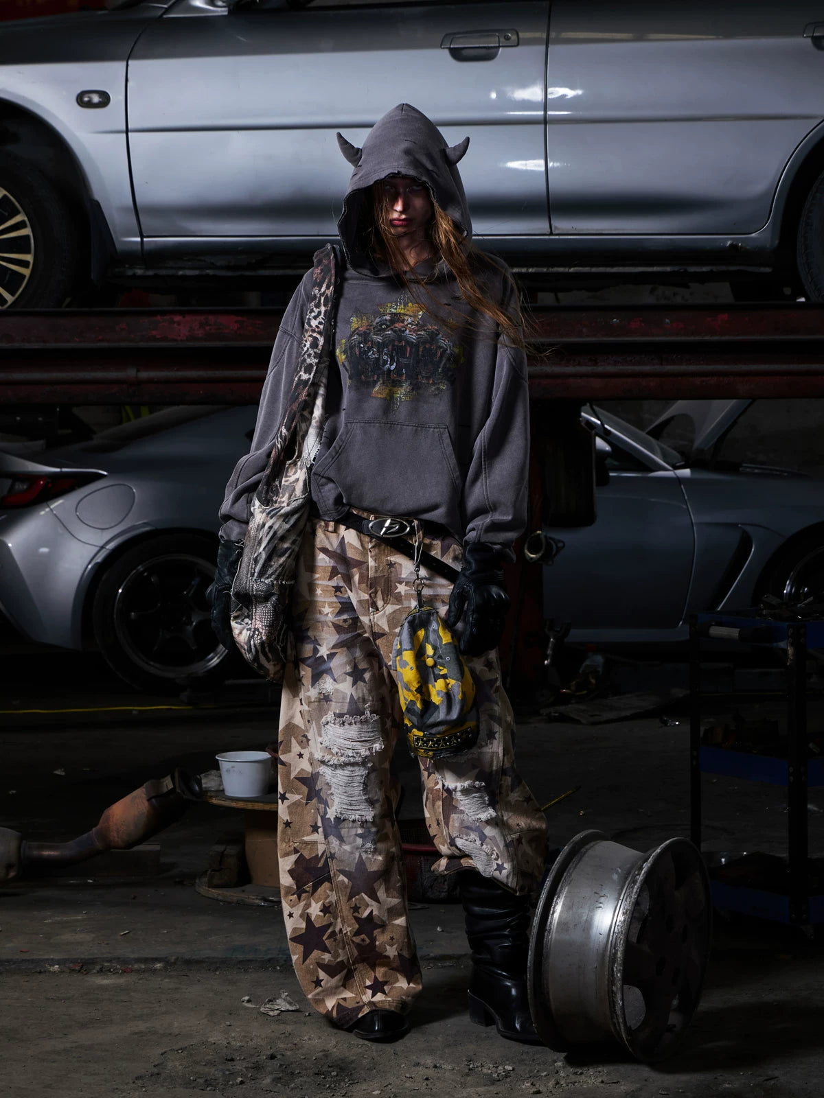 Grey hoodie worn, full-length view