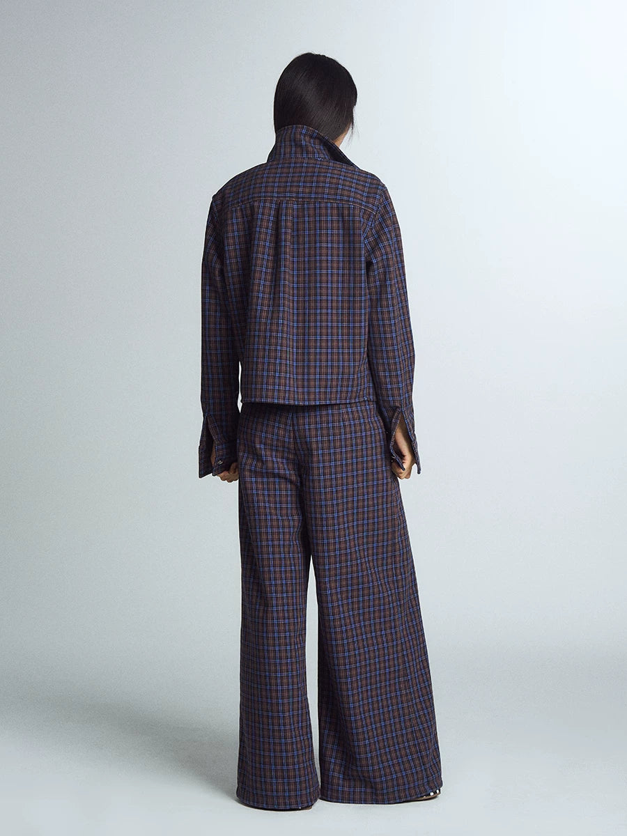 Blue Plaid Wide-Leg Trousers product view
