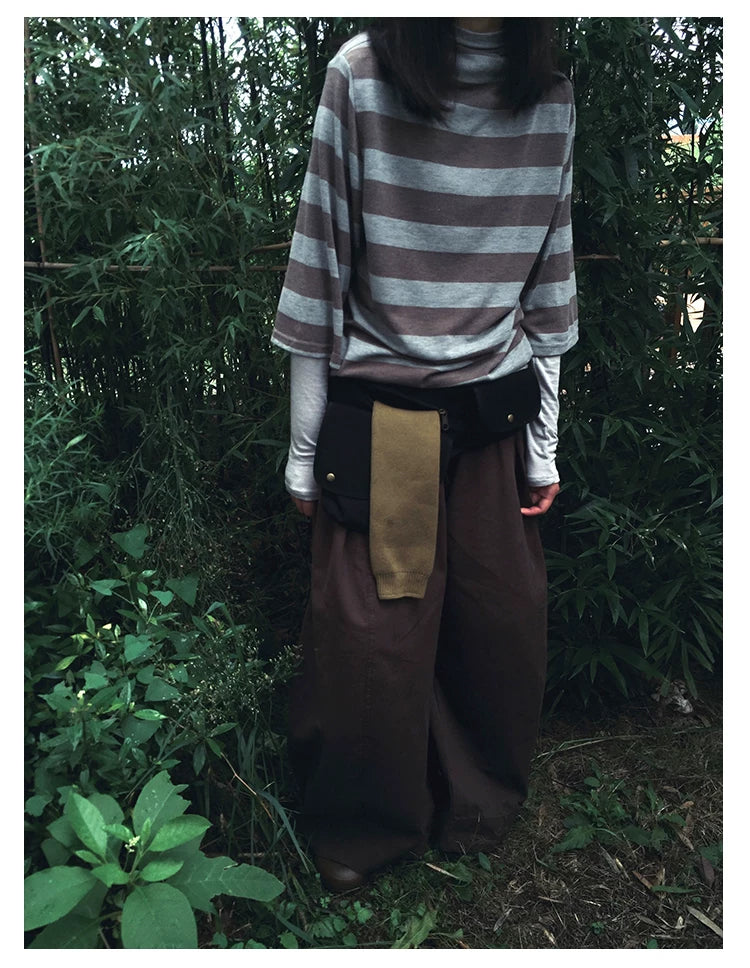 Brown Stripe Mock-Neck Three-Quarter Sleeve Tee