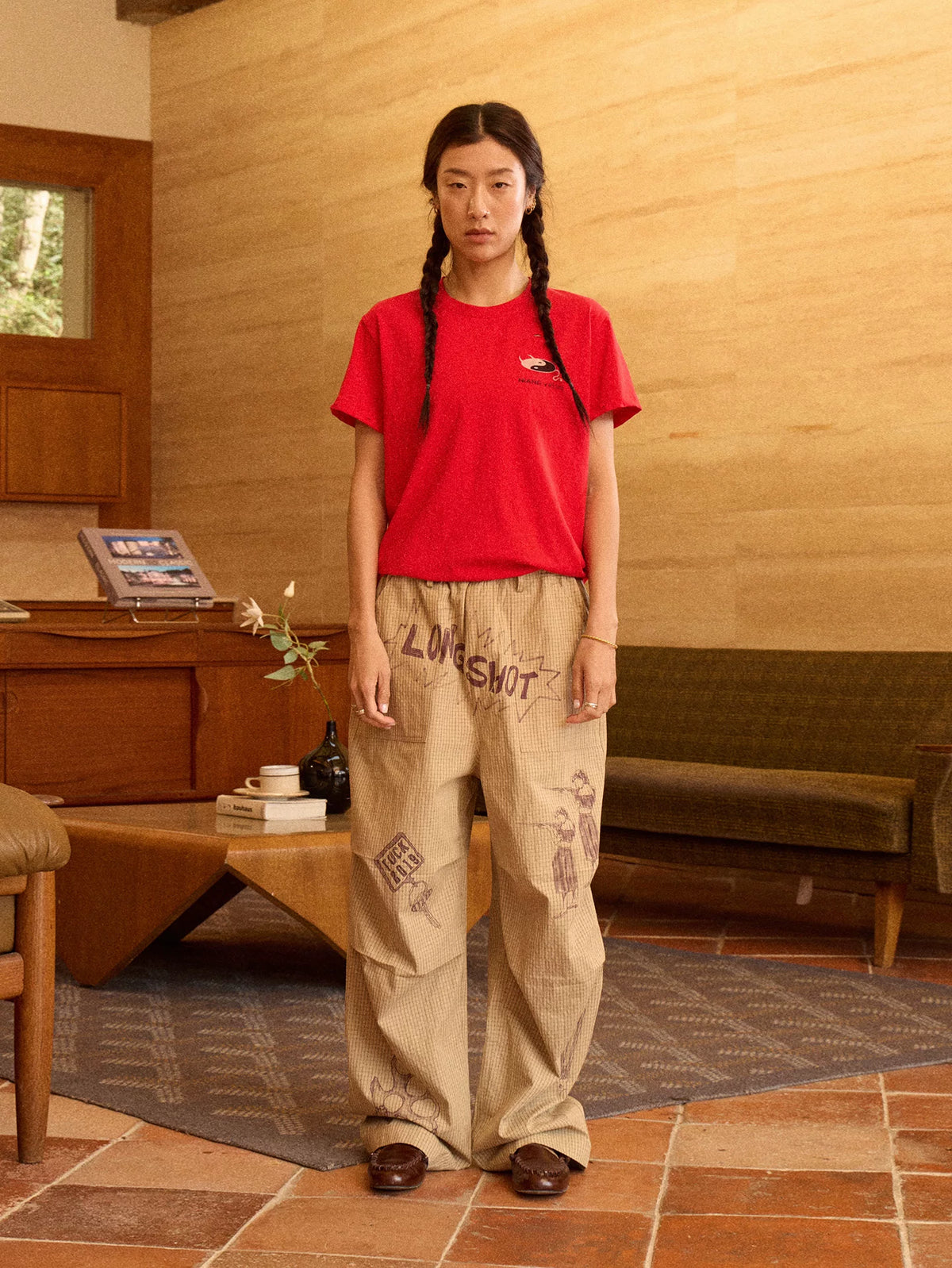 Hand-Drawn Print Wide-Leg Cargo Pants product photo