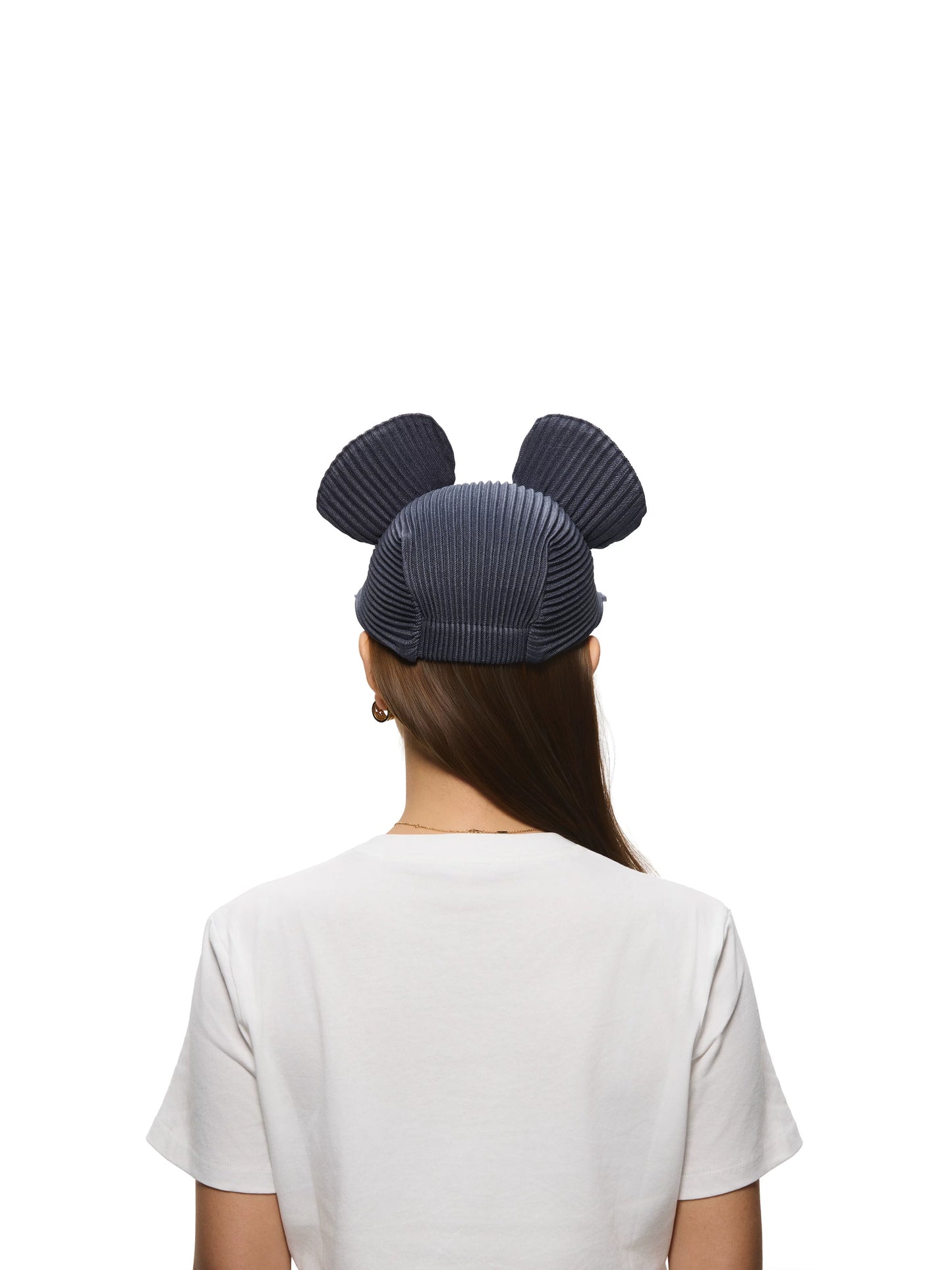Denim Blue Pleated Ear Detail Flat Brim Baseball Cap