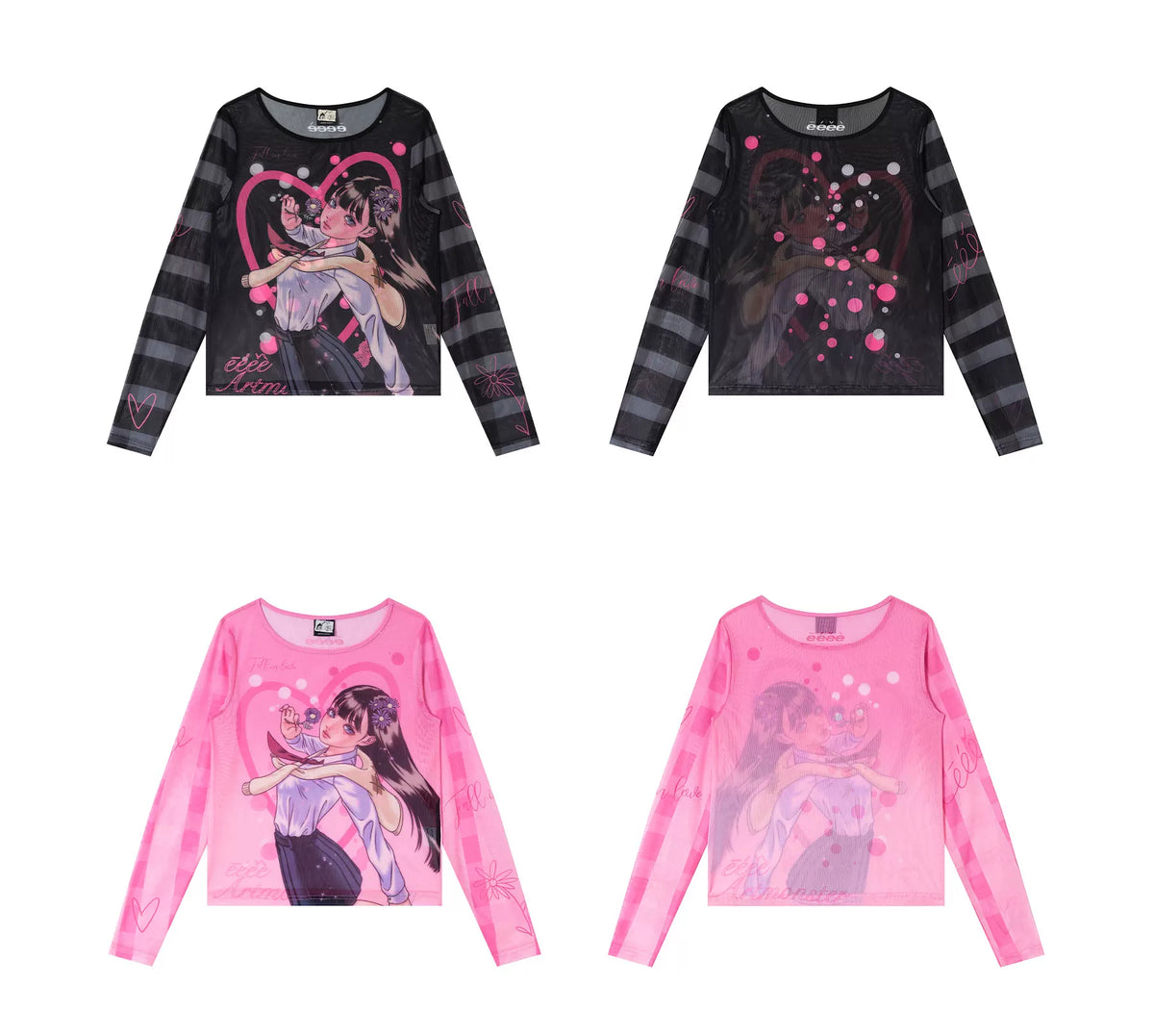 Printed Mesh Sleeve Long Sleeve Top