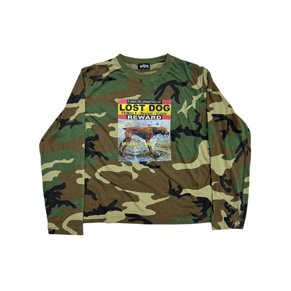 Front view of the camo dog-print long-sleeve T-shirt
