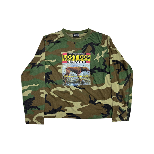 Front view of the camo dog-print long-sleeve T-shirt