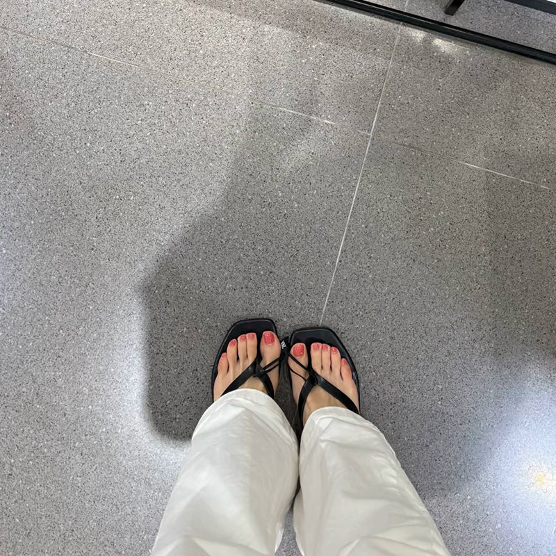 Women's Square Toe Wedge Thong Slide Sandals