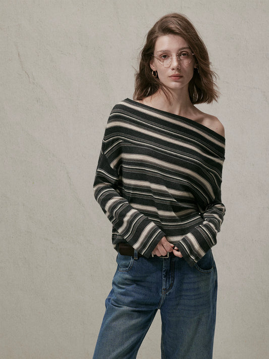MOOFEEL Striped Silk-Wool Knit Top