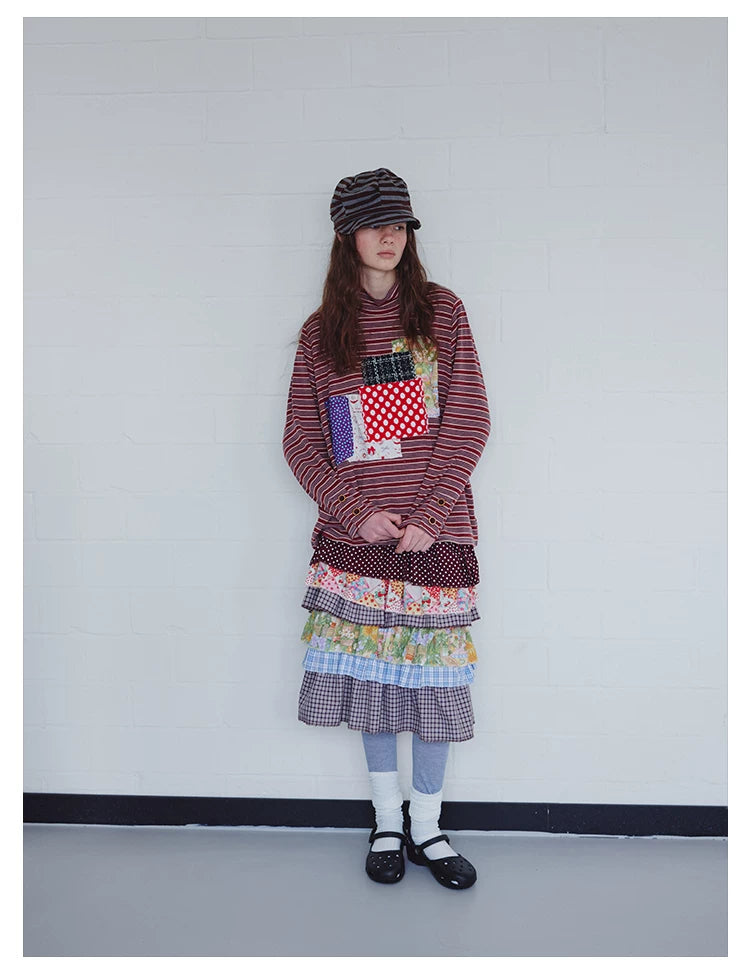 Brown Patchwork Stripe Long-Sleeve Top