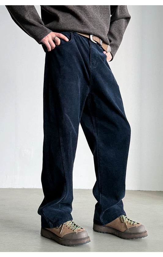 Navy cotton corduroy straight leg pants, front view