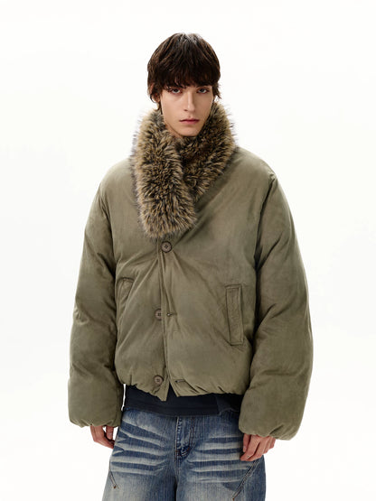 Olive padded jacket with detachable shaggy collar, front view