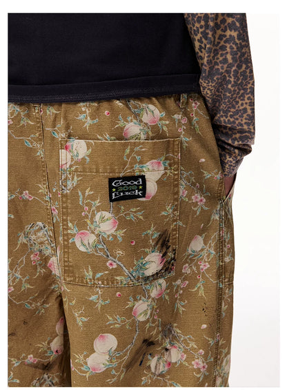 Distressed Floral Wide-Leg Cargo Pants