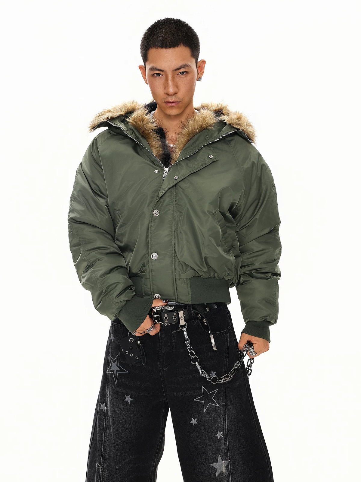 Olive green faux fur hood bomber jacket, front view on model