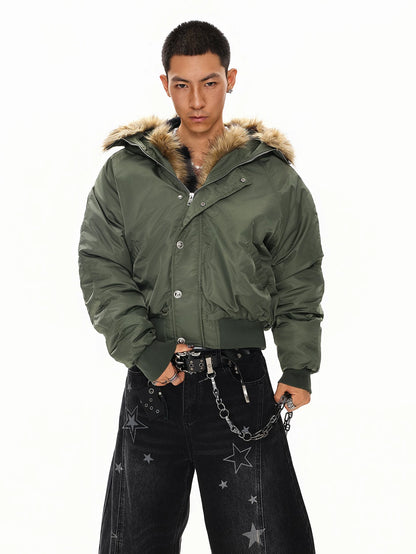 Olive green faux fur hood bomber jacket, front view on model