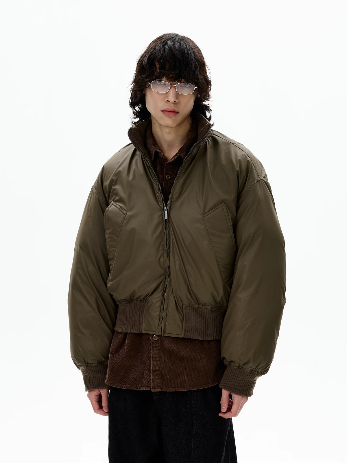 Khaki relaxed bomber jacket, front view